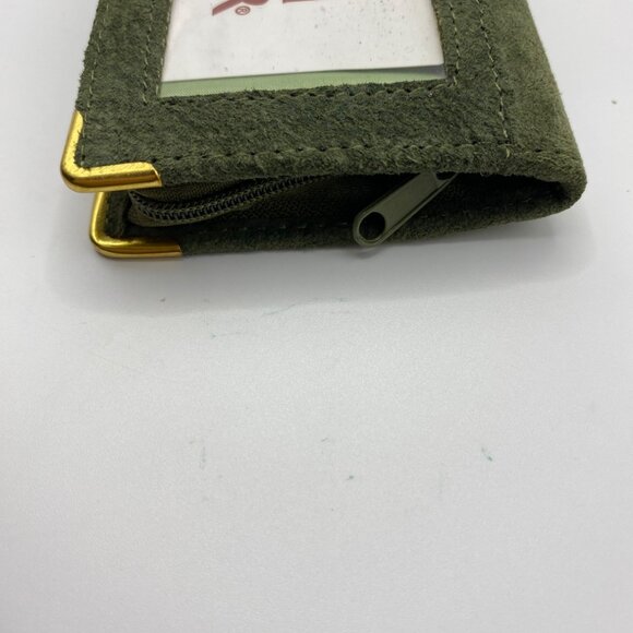 Vintage English Leather Green Suede Card Holder Wallet With Zippered Closure & G - Picture 2 of 7
